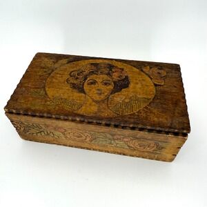 Antique Pyrography Wood Box Trinket‎ Storage Lady Portrait Art Nouveau